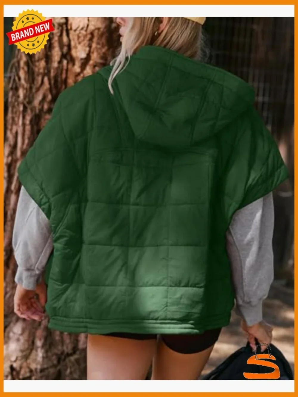 Oversized Stand Collar Quilted Puffer Vest Cap Sleeve Zip Up Hooded Coat - Picture 2 of 6